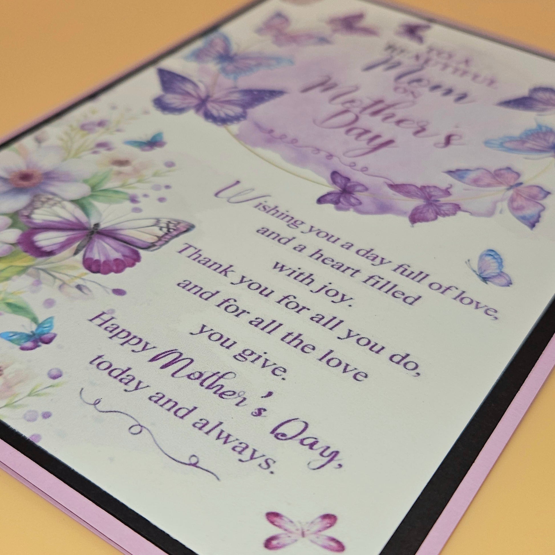 Mother's Day card with butterflies and floral designs on a light background