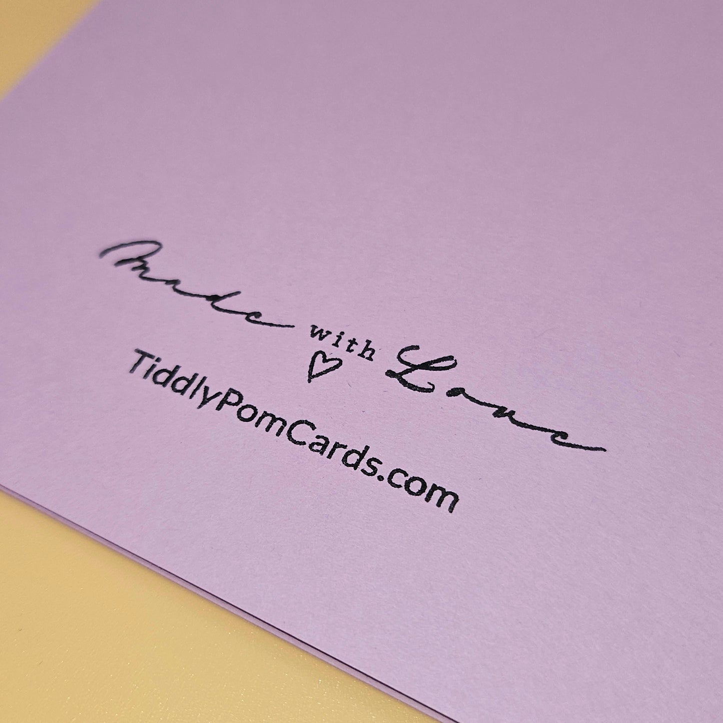 Purple card with 'Made with Love' and TiddlyPomCards.com text on a yellow background