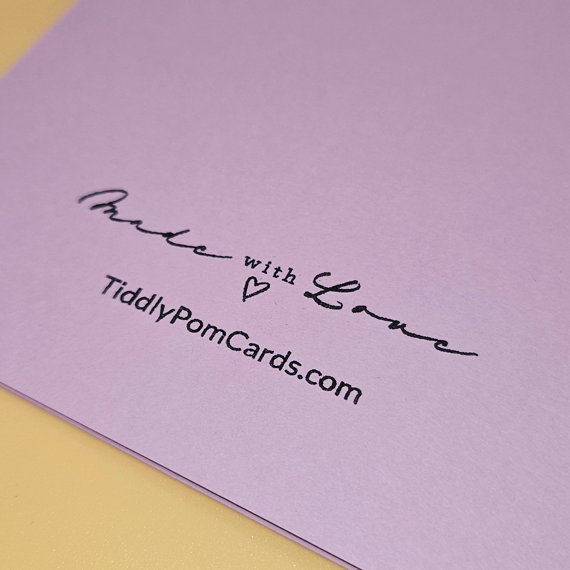 Purple card with 'Made with Love' and TiddlyPomCards.com text on a yellow background
