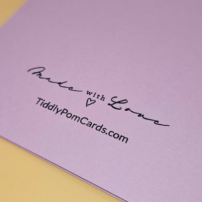 Purple card with 'Made with Love' and TiddlyPomCards.com text on a yellow background