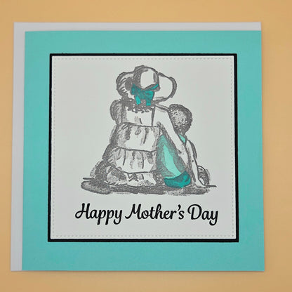 Mother's Day card with a teddy bear and baby illustration on a teal background