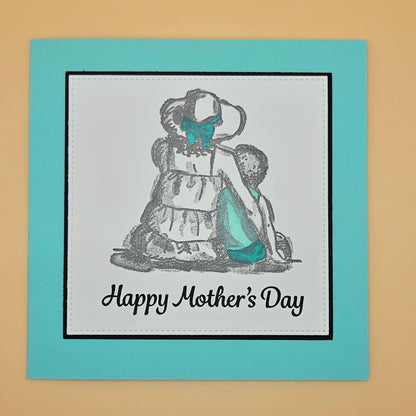 Mother's Day card with illustration of a woman and text on a teal border