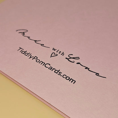 Pink card with 'Made with Love' text and TiddlyPomCards.com on a pink background