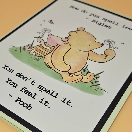 Cartoon bear and piglet with a dandelion, surrounded by text quotes on a beige background.
