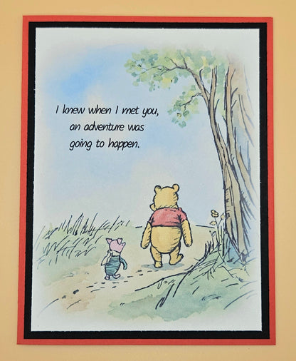 Illustration of Pooh and Piglet walking together with a tree and quote on a beige background