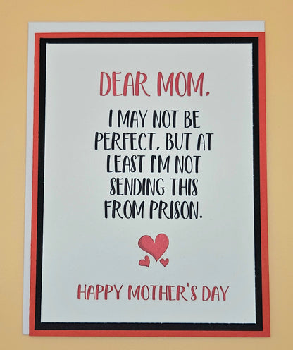 Mother's Day card with humorous message and heart design on a beige background