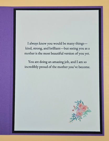 Greeting card with text and floral design on a purple border