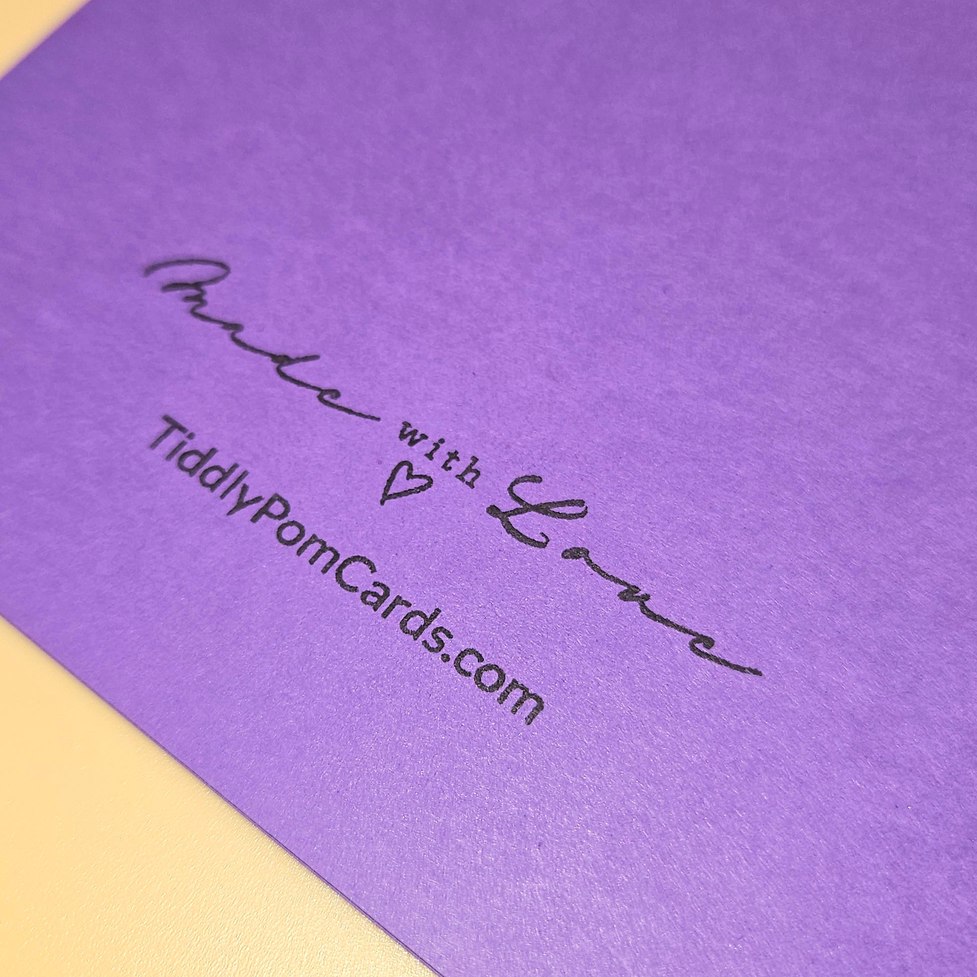 Purple card with 'Made with Love' and 'TiddlyPomCards.com' text