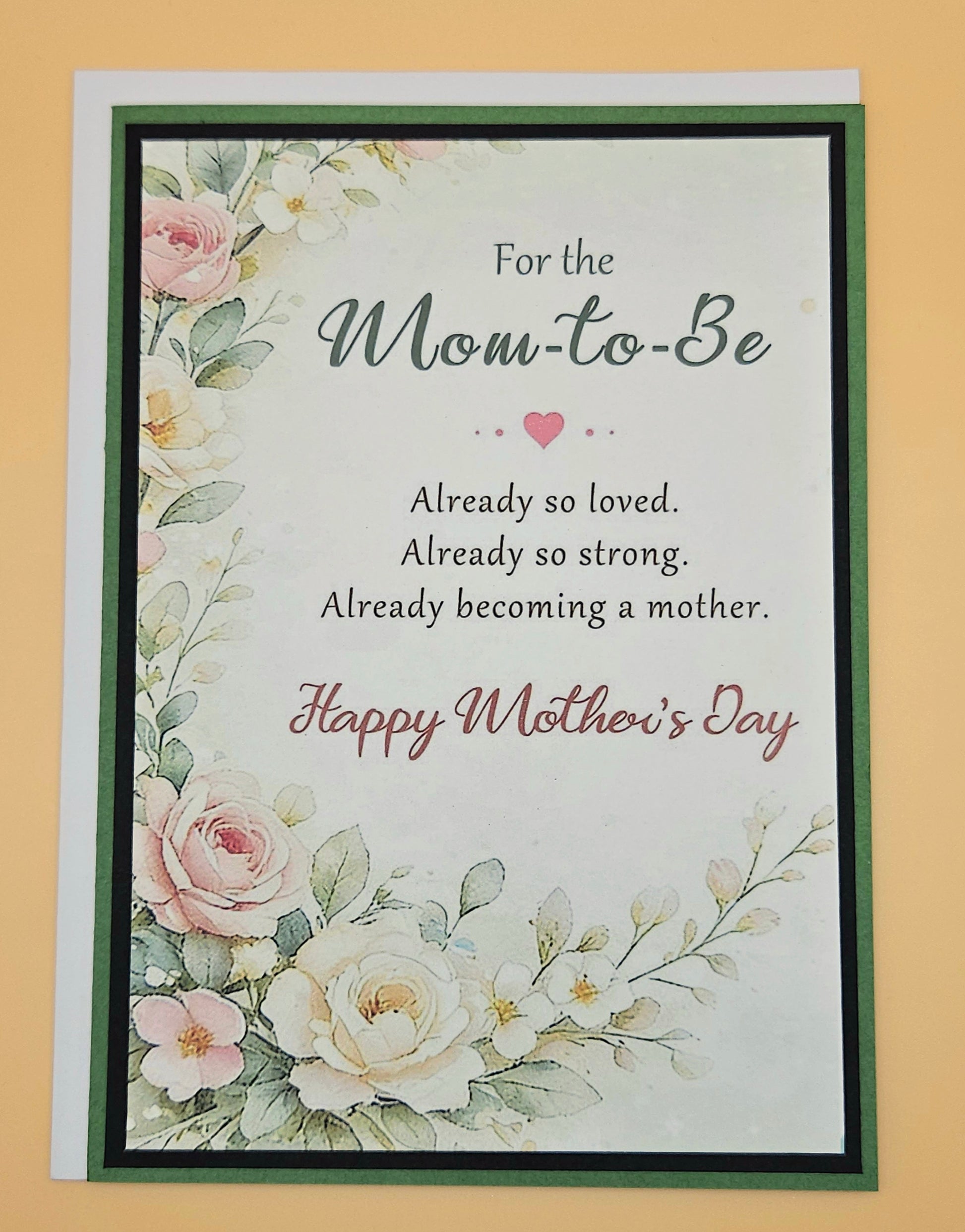 Greeting card for the mom-to-be with floral design and text on a beige background