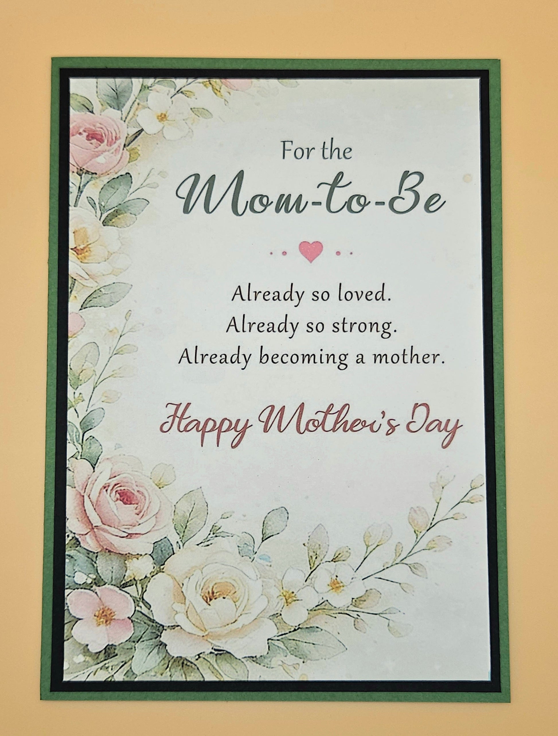 Greeting card for the mom-to-be with floral design and text on a beige background