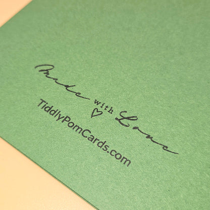 Green card with 'Made with Love' text and TiddlyPomCards.com on a beige background