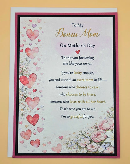 Mothers Day Card for Bonus Mom, Handmade Heart & Floral Greeting, Heartfelt Keepsake with Message