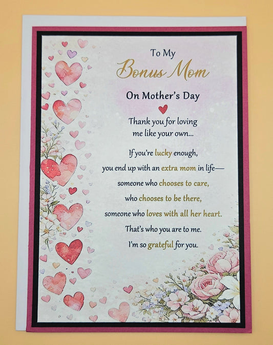 Mothers Day Card for Bonus Mom, Handmade Heart & Floral Greeting, Heartfelt Keepsake with Message