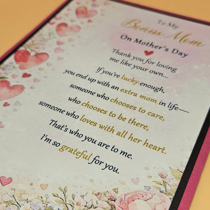 Mothers Day Card for Bonus Mom, Handmade Heart & Floral Greeting, Heartfelt Keepsake with Message