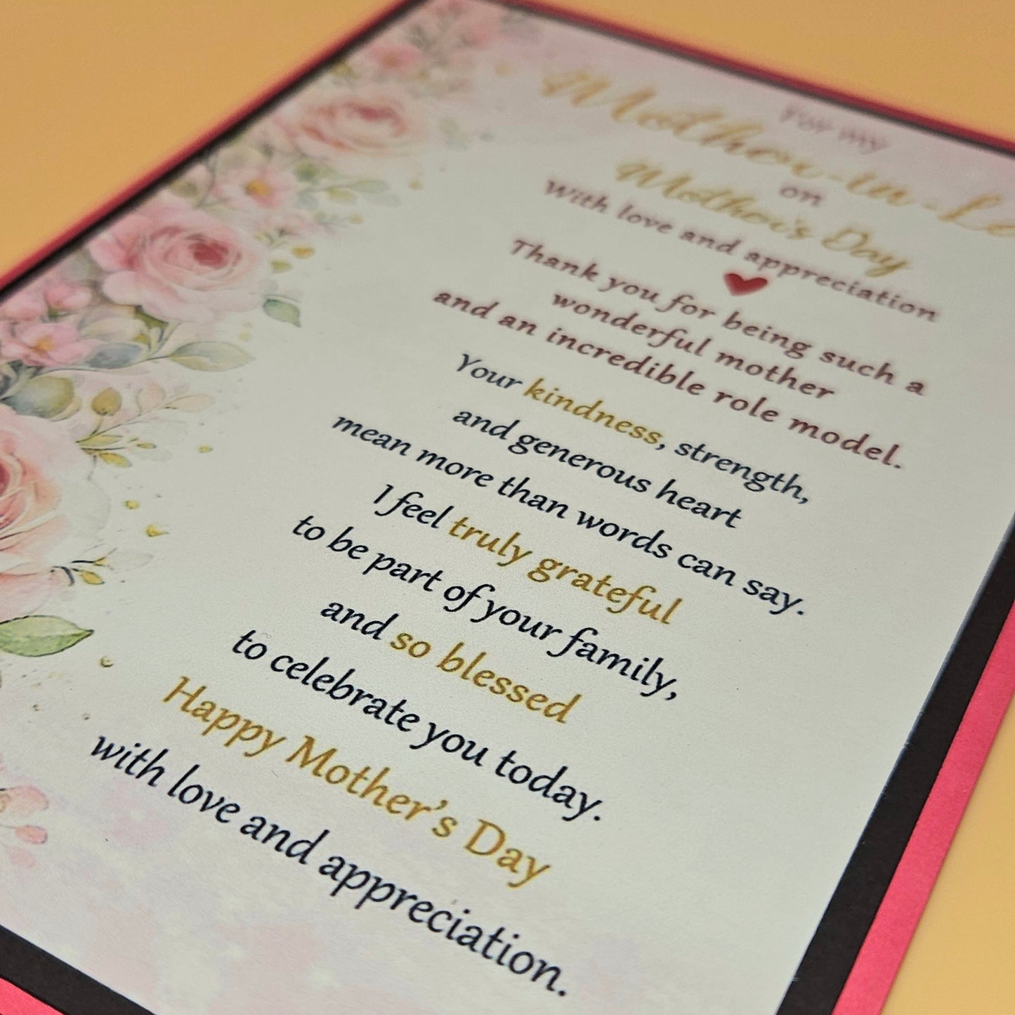 Mother's Day card with floral design and heartfelt message on a yellow background