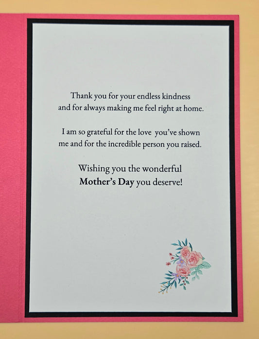 Greeting card with a heartfelt message and floral design on a pink border.