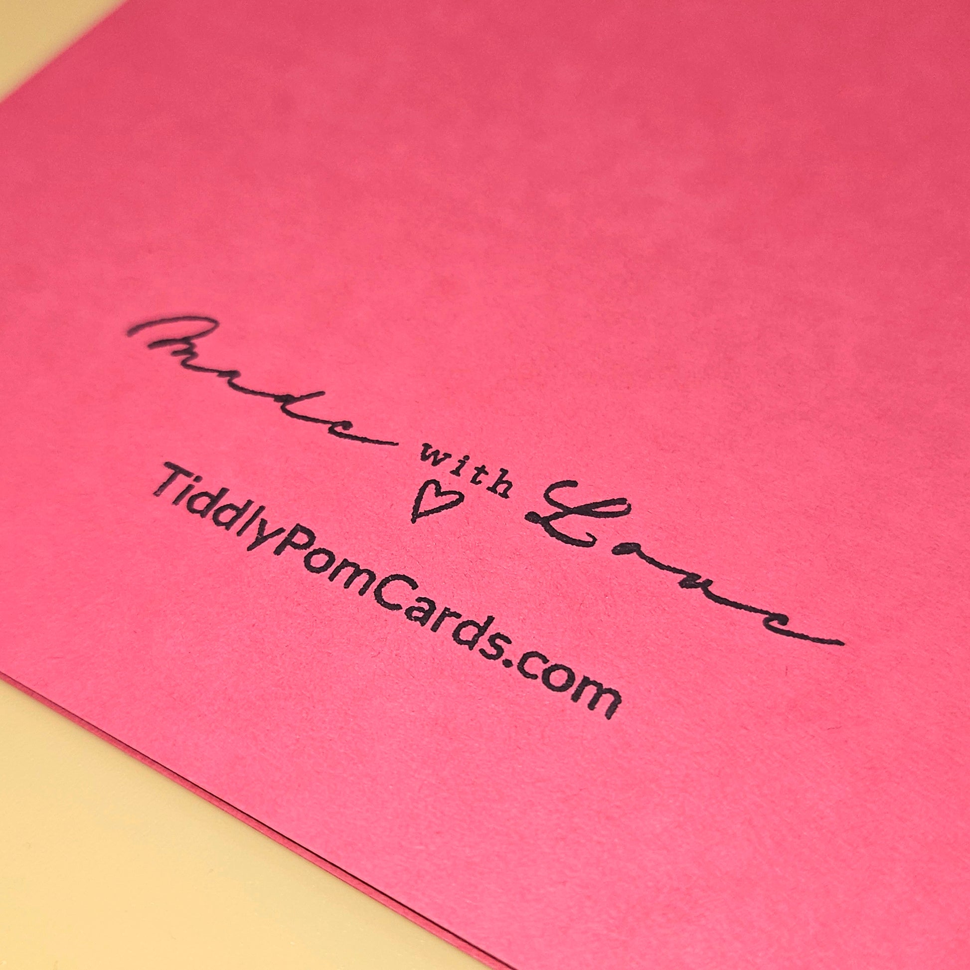 Pink card with 'Made with Love' and TiddlyPomCards.com text on a pink background