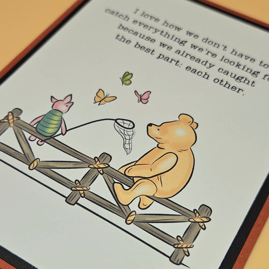 Illustration of a bear and a piglet on a seesaw with butterflies, accompanied by a romantic quote.