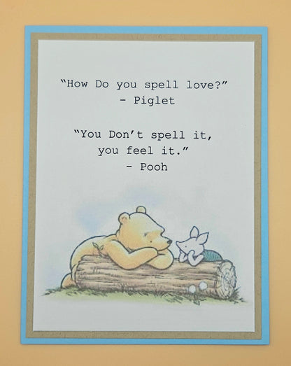 Cartoon of Pooh and Piglet on a log with a quote about love.