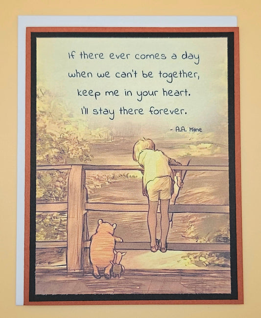Illustration of a child and a bear looking over a wooden fence with a quote by A.A. Milne.