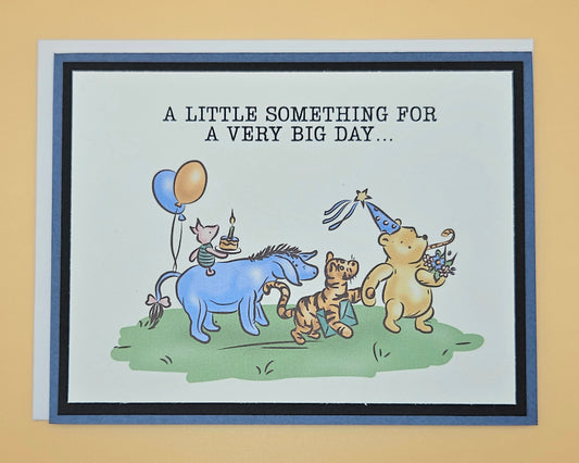 Cartoon card with animals celebrating a birthday on a beige background