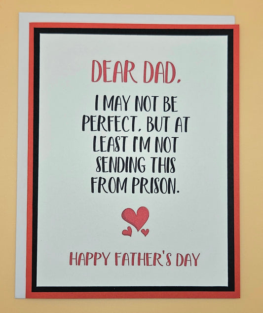 Father's Day card with humorous message and red hearts on a beige background