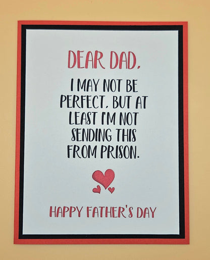 Framed Father's Day card with humorous message and heart on beige background