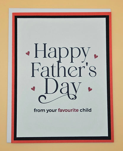 Father's Day card with text 'Happy Father's Day from your favourite child' on a beige background