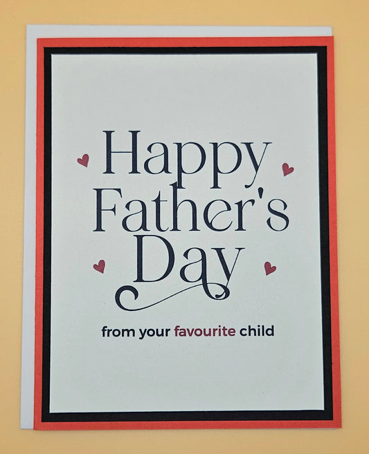 Father's Day card with text 'Happy Father's Day from your favourite child' on a beige background