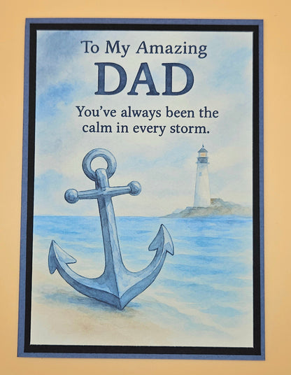Card with anchor and lighthouse illustration and text for an amazing dad.
