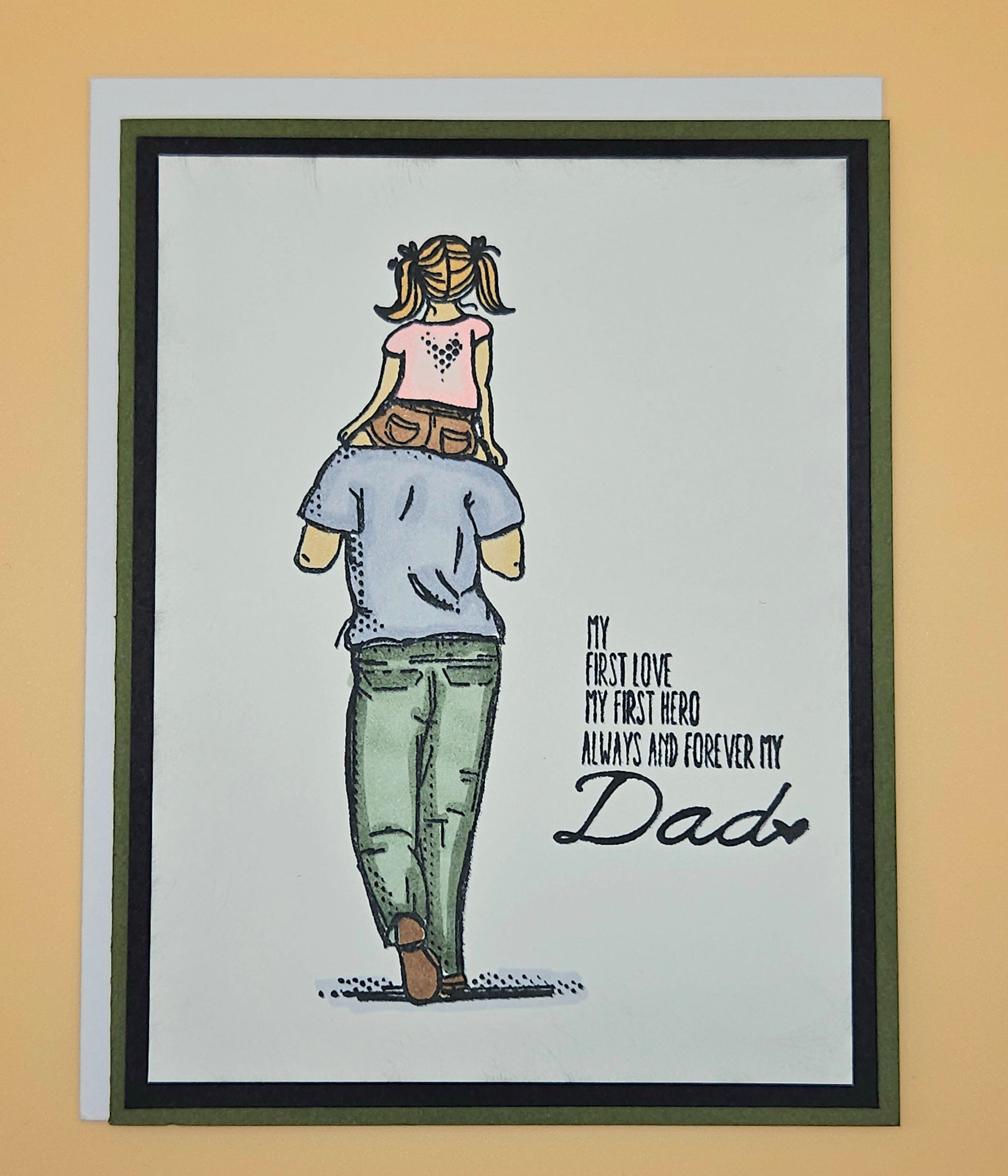 Card with illustration of a father and daughter, text 'My first love, my first hero, always and forever my Dad' on a beige background.