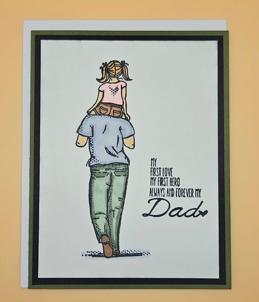 Card with illustration of a father and daughter, text 'My first love, my first hero, always and forever my Dad' on a beige background.