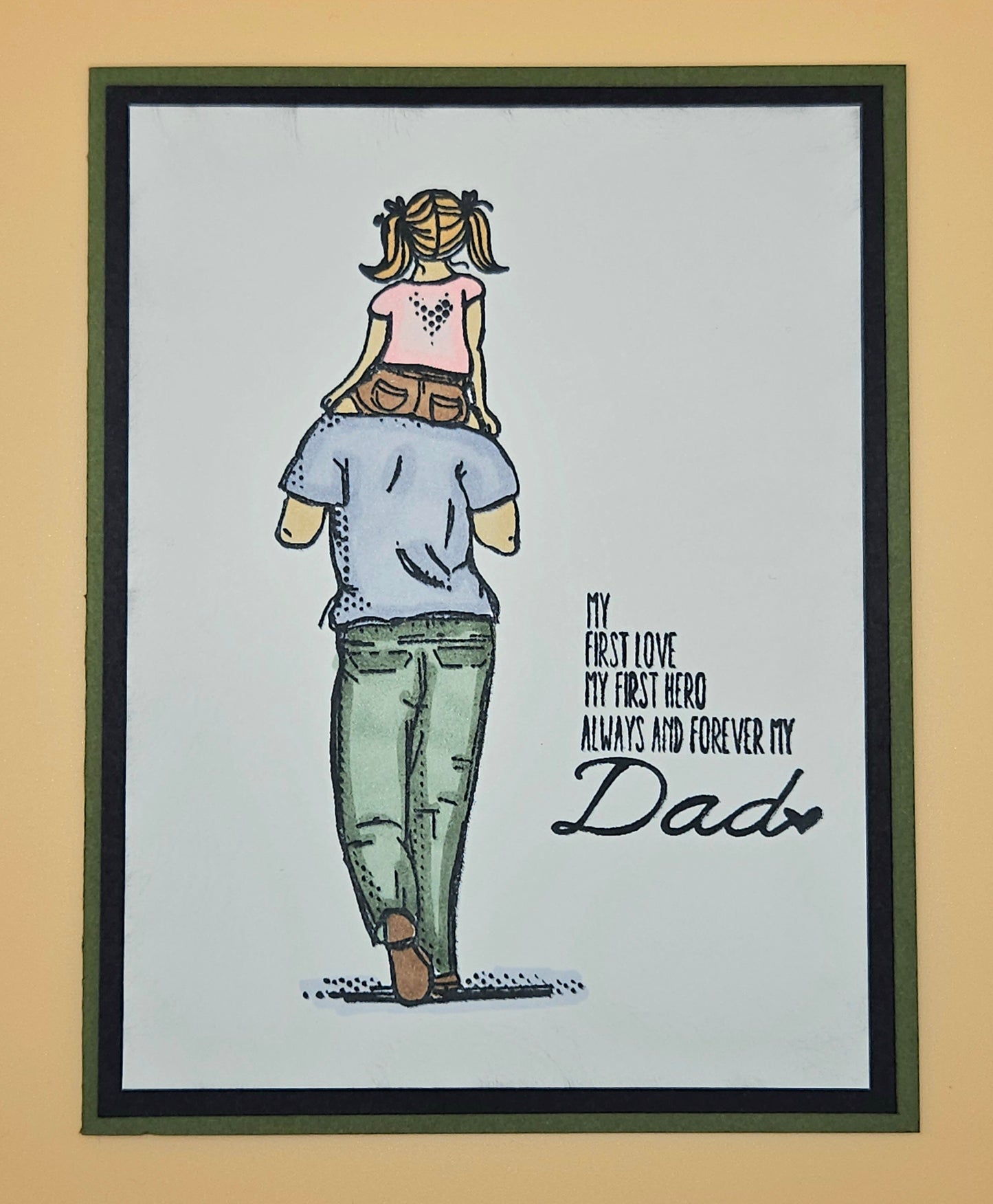 Illustration of a father and daughter with text on a framed picture.