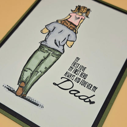 Card with illustration of a woman hugging a man and text 'My first love, my first hero, always and forever my Dad' on a light gray background.