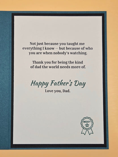 Framed Father's Day card with a message and 'Best Dad' ribbon on a beige background