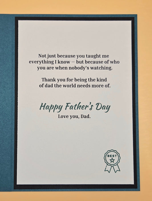 Framed Father's Day card with a message and 'Best Dad' ribbon on a beige background