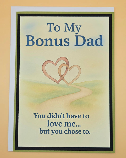 Greeting card for a bonus dad with two interlocking hearts and text on a beige background