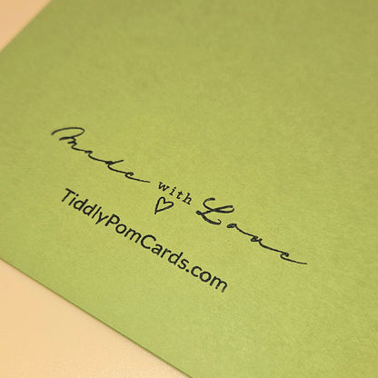 Green card with 'Made with Love' text and TiddlyPomCards.com on a beige background