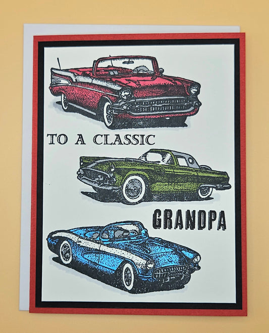 Handmade Father's Day card for Grandpa with three hand-colored vintage classic cars on red and black layered cardstock