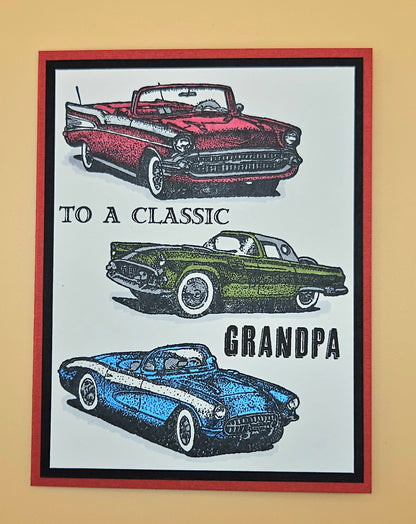 Handmade Father's Day card for Grandpa with three hand-colored vintage classic cars on red and black layered cardstock