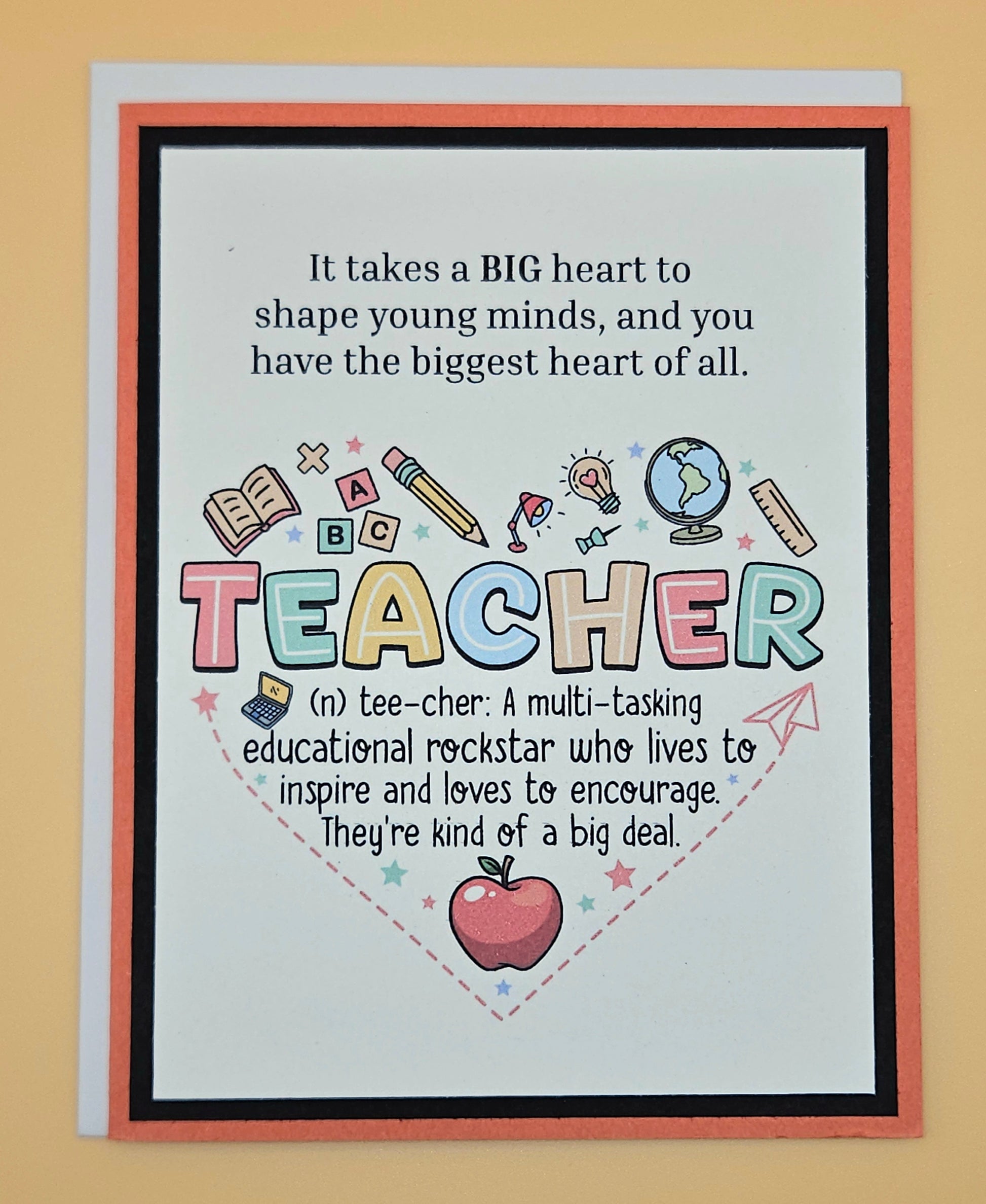 Card with colorful text and graphics on a beige background