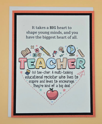 Card with colorful text and graphics on a beige background