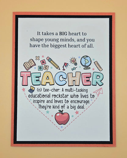 Framed poster with colorful text and graphics about teachers on a beige background