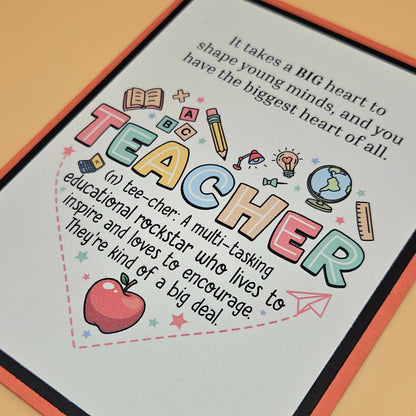 Handmade Greeting Card with colorful text and illustrations for Teacher