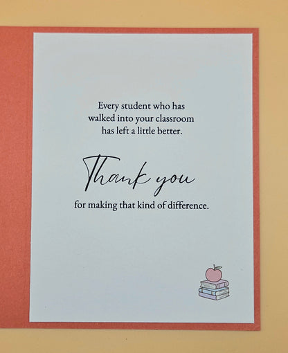 Card with a message for teachers, featuring an apple and books illustration on a light blue background.
