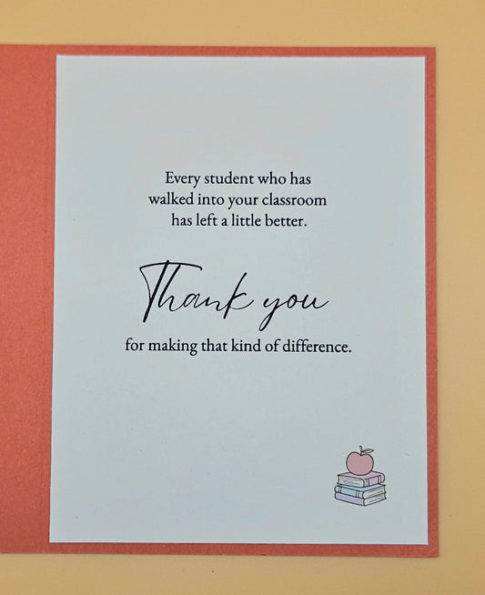 Card with a message for teachers, featuring an apple and books illustration on a light blue background.