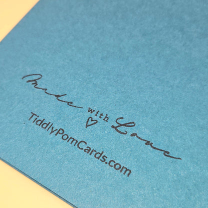 Blue card with 'Made with Love' text and TiddlyPomCards.com on a yellow background