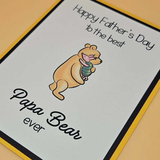 Father's Day card with a bear illustration and text on a beige background