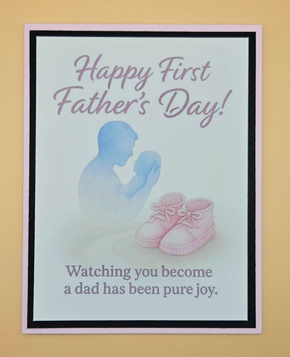 First Father's Day card from wife to husband, girl dad card with pink peach border and baby booties detail