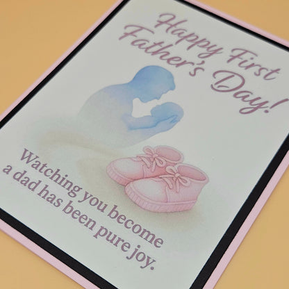 Close up of First Father's Day card front showing Happy First Father's Day sentiment and watercolor dad and baby illustration